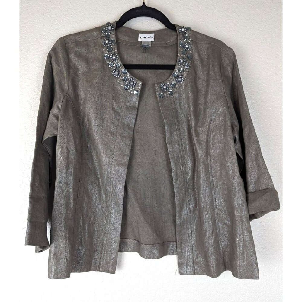 CHICO'S Metallic Silver 100% Linen Embellished Beaded Open Jacket  Blazer SMALL